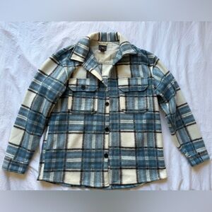 H&M Plaid Button-Up Shacket in Blue and Cream